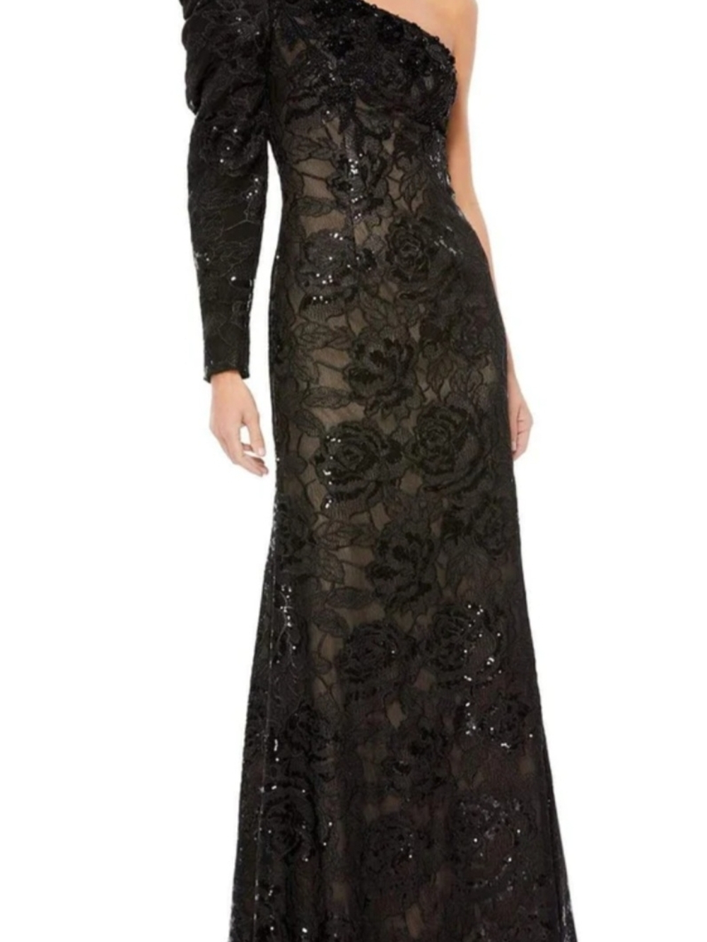 Mac Duggal Black One-Shoulder Lace Sequin Evening Gown